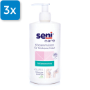 Vorderseite einer Spenderflasche Seni Care Feuchtigkeitsspendende Emulsion. Oben links ist ein blaues Viereck mit der Aufschrift 